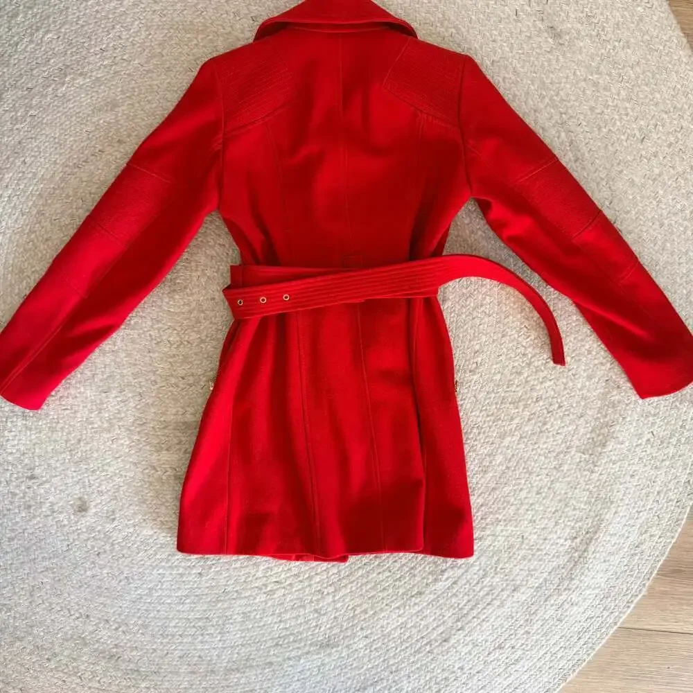 Michael Kors Red Asymmetrical Belted Wool Blend Peacoat with Gold Hardware